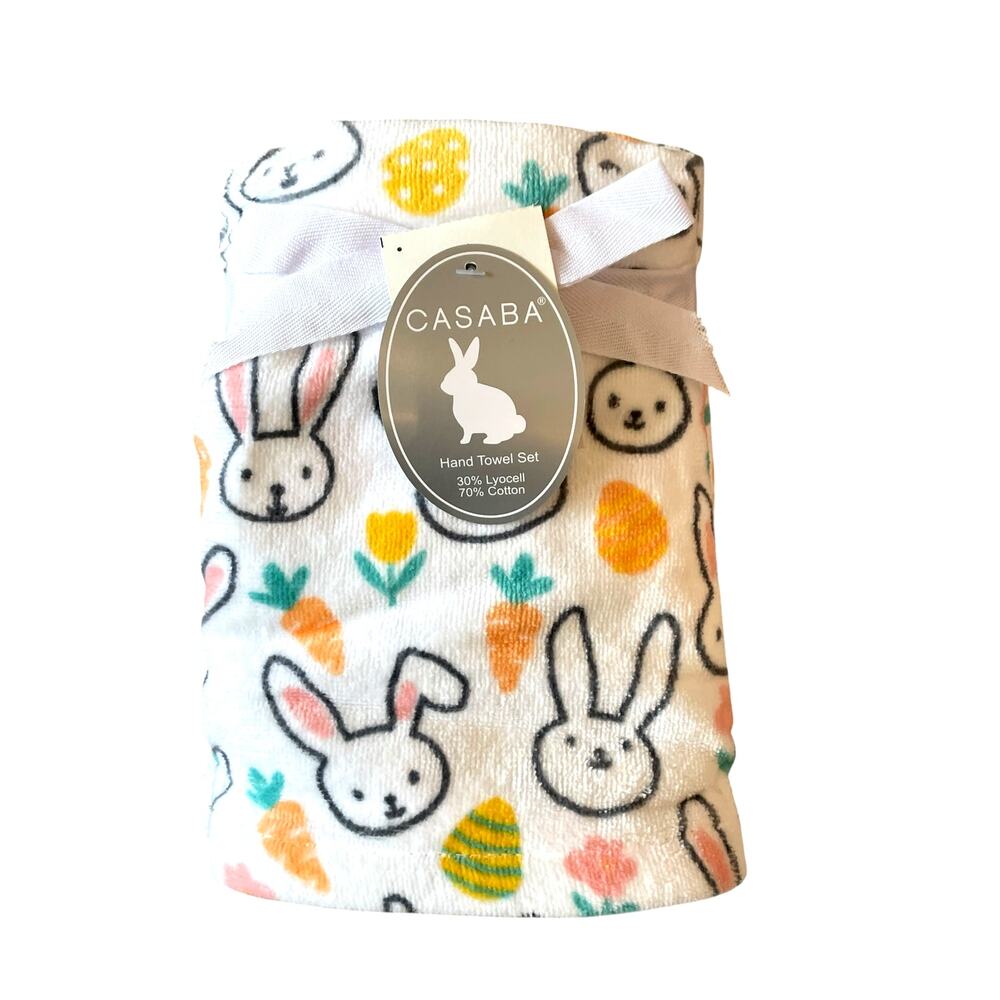 Set of 2 Casaba Easter Bath Hand Towels Multicolor  Bunnies Carrots Eggs New